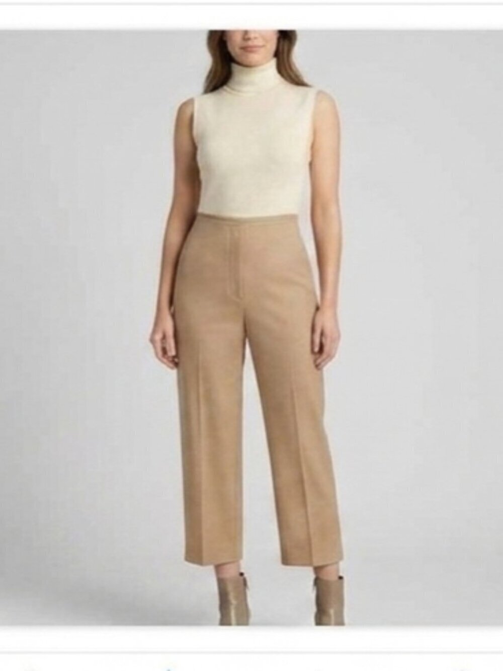 St John Women's Size 2 Tan Double Weave Stretch Flat Front Zip Cropped Pants